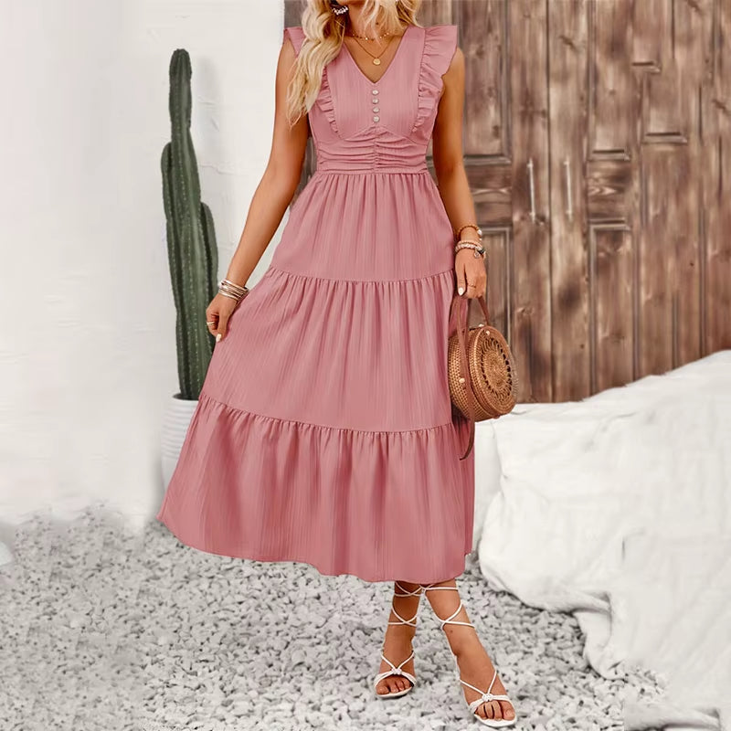 Brand Long Dress Women Casual Slim Fit Summer Sleeveless High Waist V Neck Jacquard A-Line Dresses Vacation Vestidos