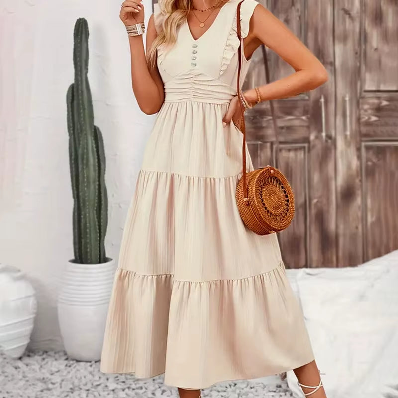 Brand Long Dress Women Casual Slim Fit Summer Sleeveless High Waist V Neck Jacquard A-Line Dresses Vacation Vestidos