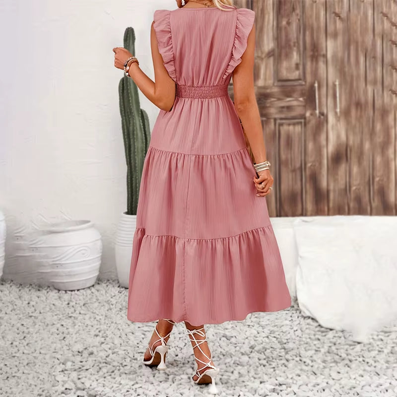 Brand Long Dress Women Casual Slim Fit Summer Sleeveless High Waist V Neck Jacquard A-Line Dresses Vacation Vestidos