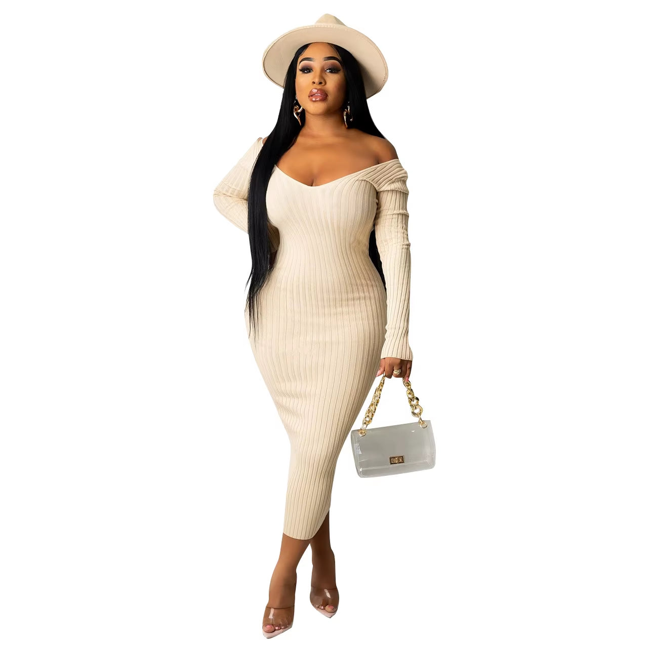 Women Autumn Solid Ribbed Maxi Knitted Dress V Neck Sexy Slim Elastic Basic Long Bodycon Dress Winter off Shoulder White Dresses