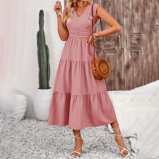 Brand Long Dress Women Casual Slim Fit Summer Sleeveless High Waist V Neck Jacquard A-Line Dresses Vacation Vestidos