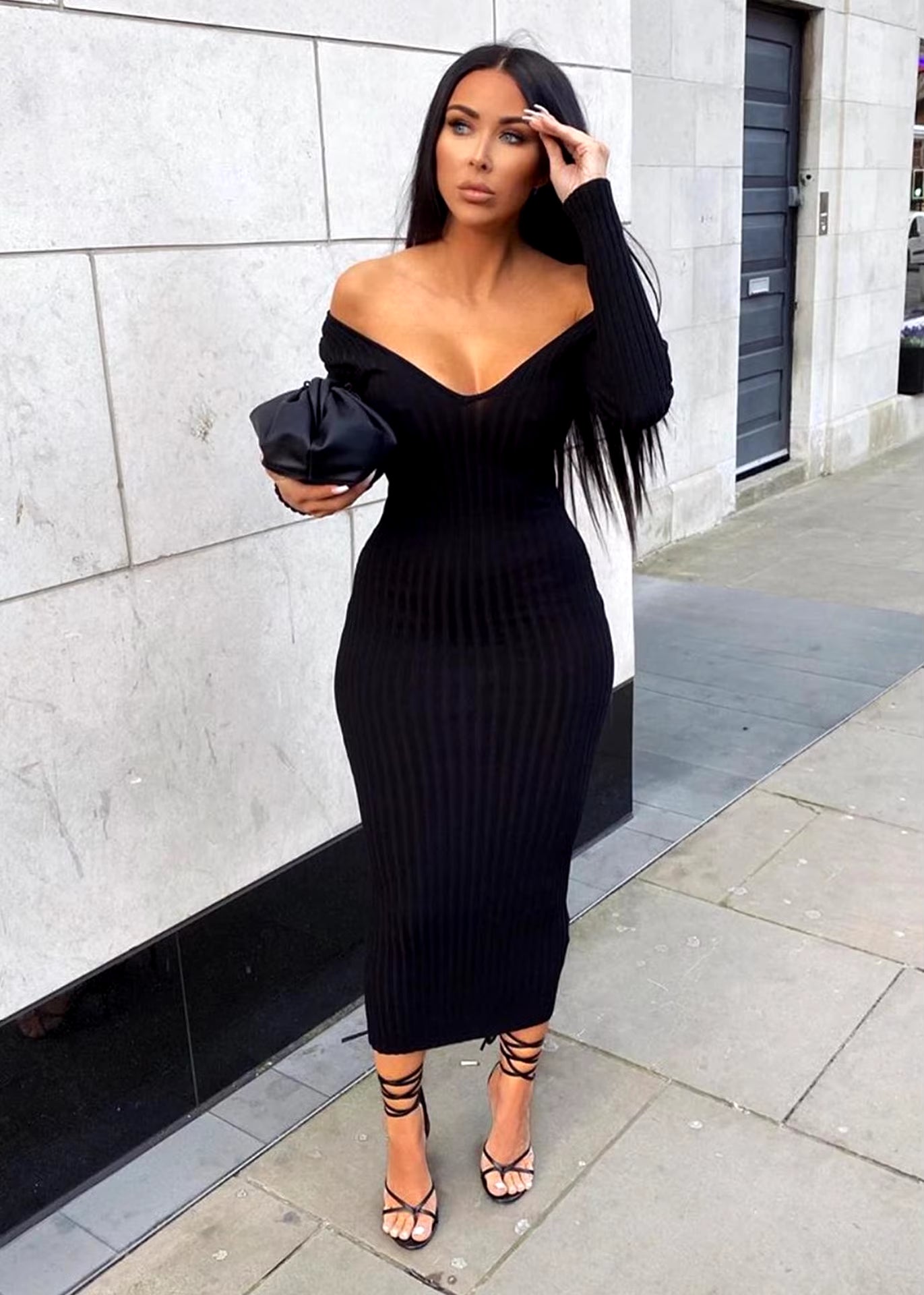 Women Autumn Solid Ribbed Maxi Knitted Dress V Neck Sexy Slim Elastic Basic Long Bodycon Dress Winter off Shoulder White Dresses