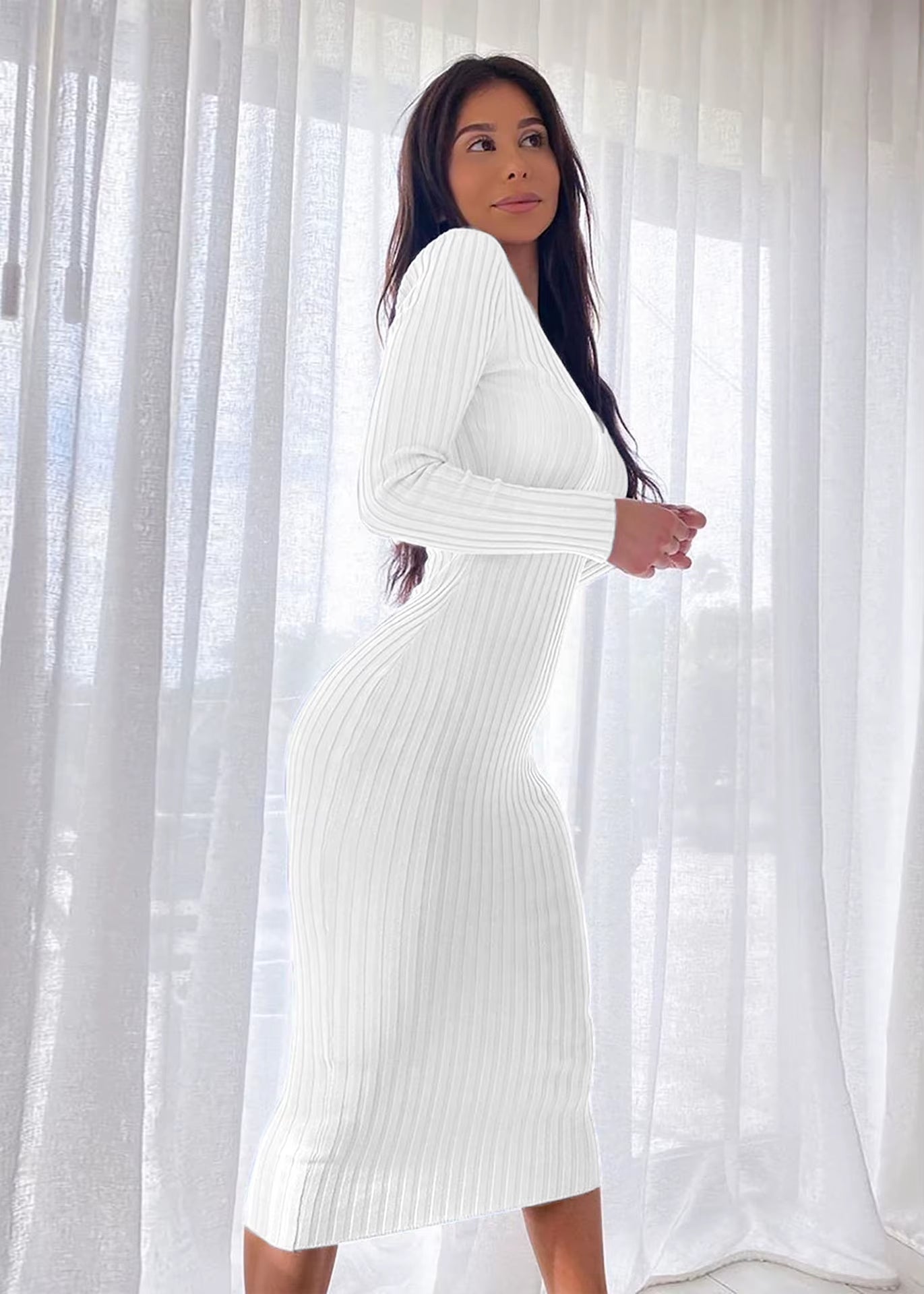 Women Autumn Solid Ribbed Maxi Knitted Dress V Neck Sexy Slim Elastic Basic Long Bodycon Dress Winter off Shoulder White Dresses