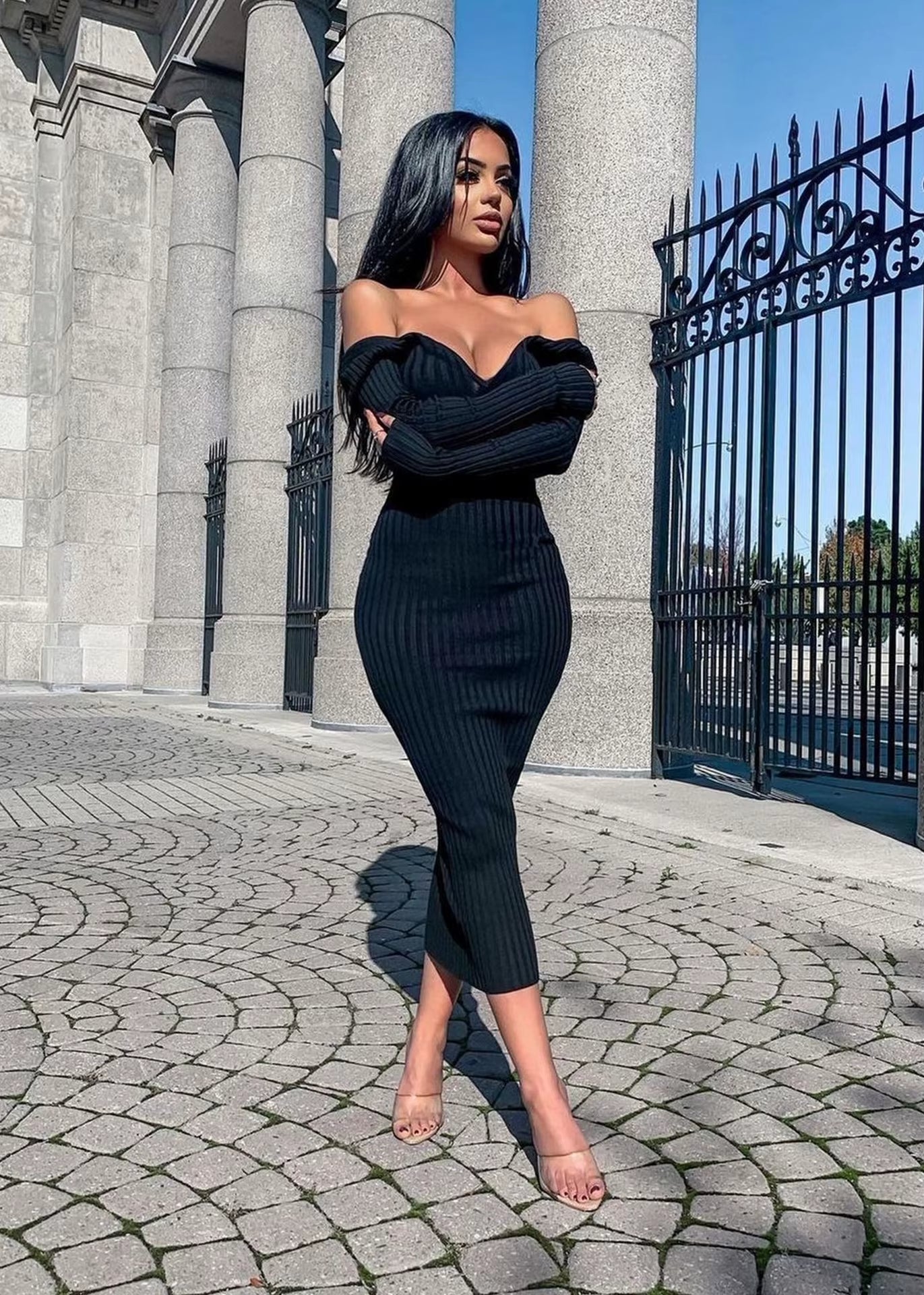 Women Autumn Solid Ribbed Maxi Knitted Dress V Neck Sexy Slim Elastic Basic Long Bodycon Dress Winter off Shoulder White Dresses