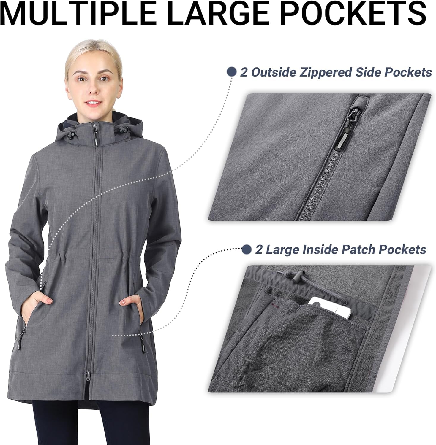 Women'S Softshell Jacket with Removable Hood Fleece Lined Windbreaker Insulated Long Warm Rain Jacket