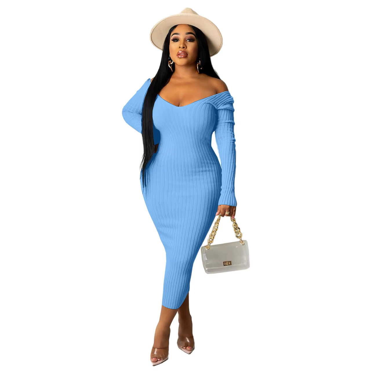 Women Autumn Solid Ribbed Maxi Knitted Dress V Neck Sexy Slim Elastic Basic Long Bodycon Dress Winter off Shoulder White Dresses