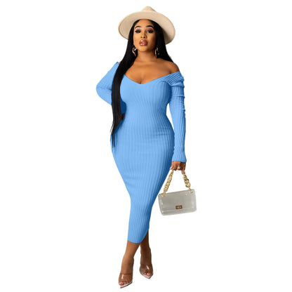 Women Autumn Solid Ribbed Maxi Knitted Dress V Neck Sexy Slim Elastic Basic Long Bodycon Dress Winter off Shoulder White Dresses