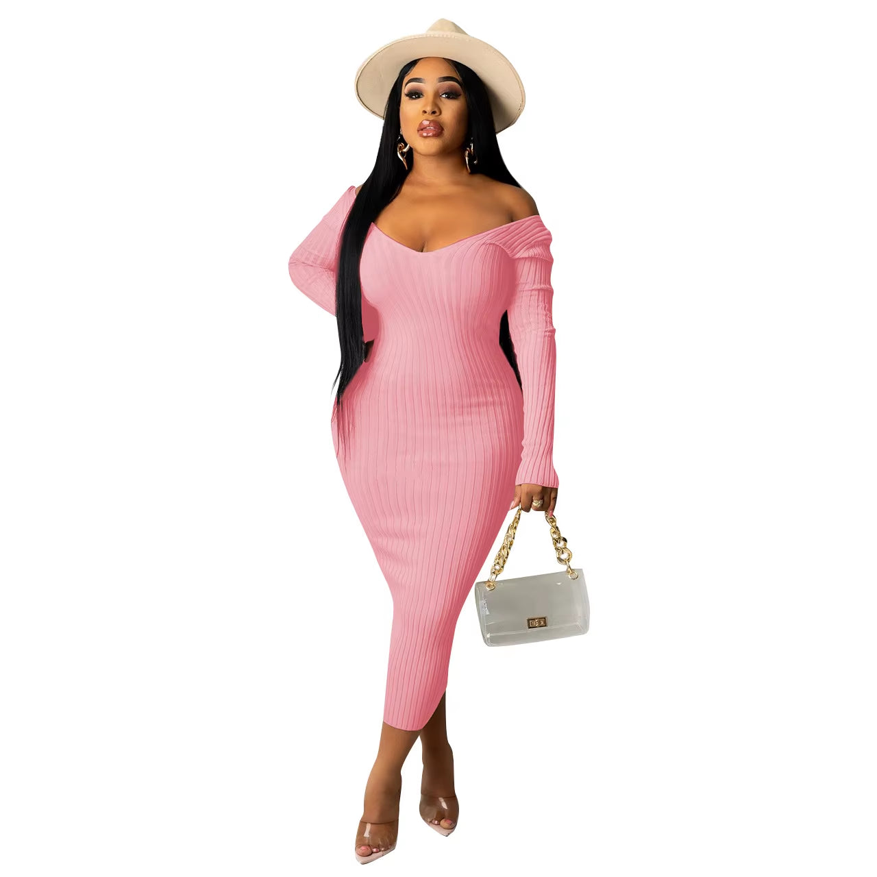 Women Autumn Solid Ribbed Maxi Knitted Dress V Neck Sexy Slim Elastic Basic Long Bodycon Dress Winter off Shoulder White Dresses