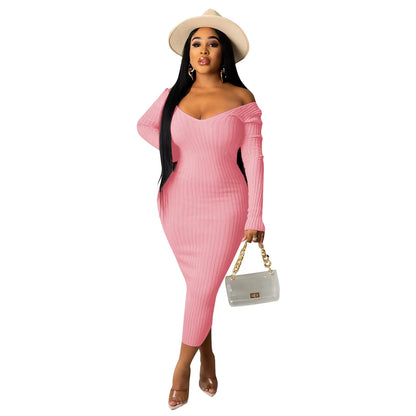 Women Autumn Solid Ribbed Maxi Knitted Dress V Neck Sexy Slim Elastic Basic Long Bodycon Dress Winter off Shoulder White Dresses