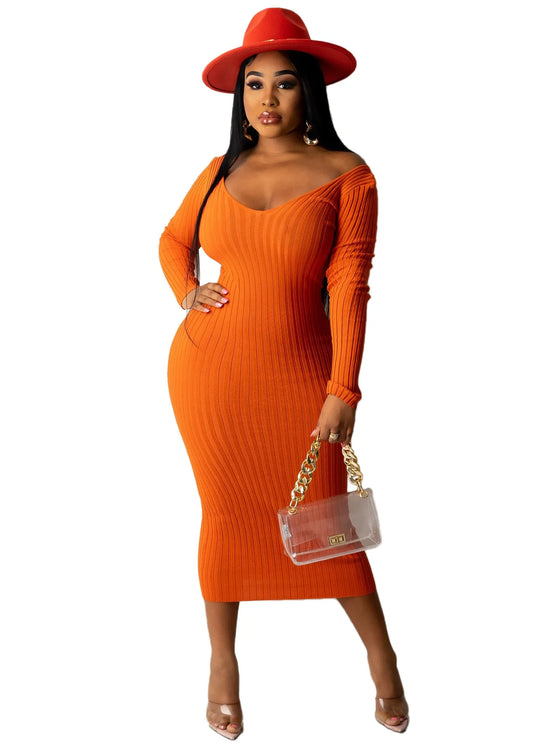 Women Autumn Solid Ribbed Maxi Knitted Dress V Neck Sexy Slim Elastic Basic Long Bodycon Dress Winter off Shoulder White Dresses