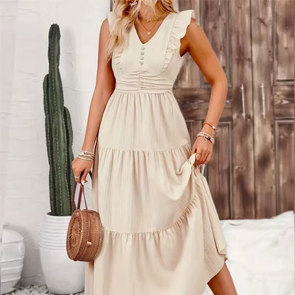Brand Long Dress Women Casual Slim Fit Summer Sleeveless High Waist V Neck Jacquard A-Line Dresses Vacation Vestidos