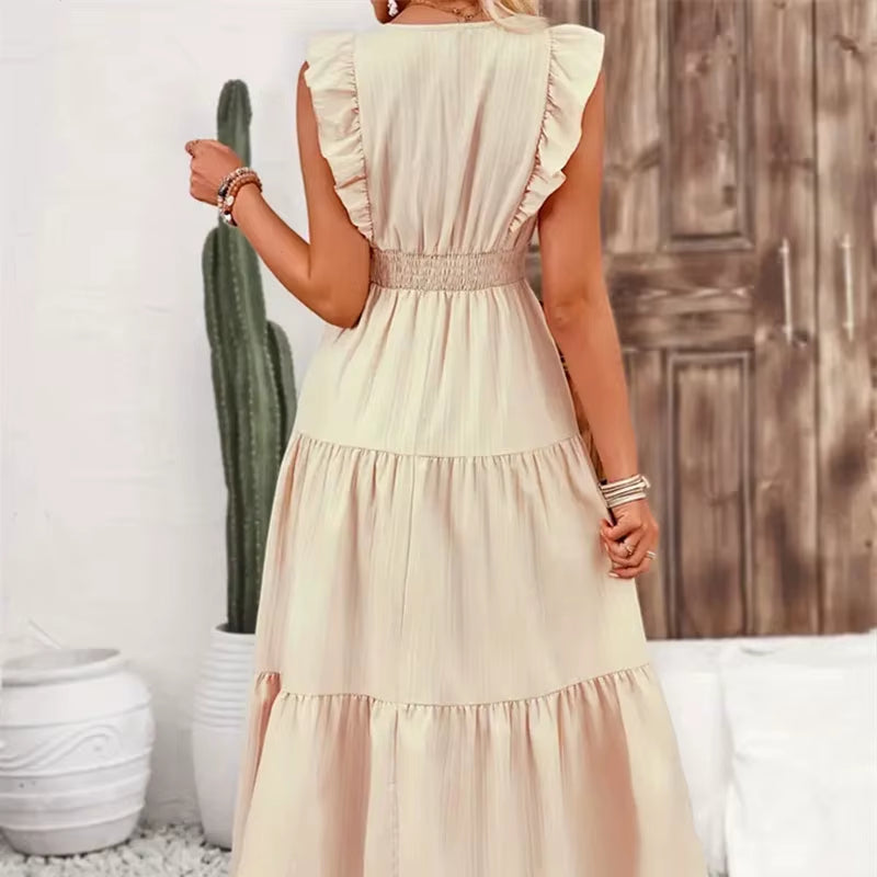 Brand Long Dress Women Casual Slim Fit Summer Sleeveless High Waist V Neck Jacquard A-Line Dresses Vacation Vestidos