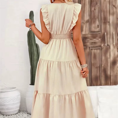 Brand Long Dress Women Casual Slim Fit Summer Sleeveless High Waist V Neck Jacquard A-Line Dresses Vacation Vestidos