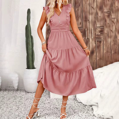 Brand Long Dress Women Casual Slim Fit Summer Sleeveless High Waist V Neck Jacquard A-Line Dresses Vacation Vestidos