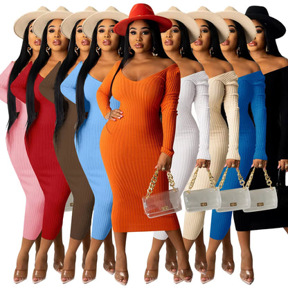 Women Autumn Solid Ribbed Maxi Knitted Dress V Neck Sexy Slim Elastic Basic Long Bodycon Dress Winter off Shoulder White Dresses