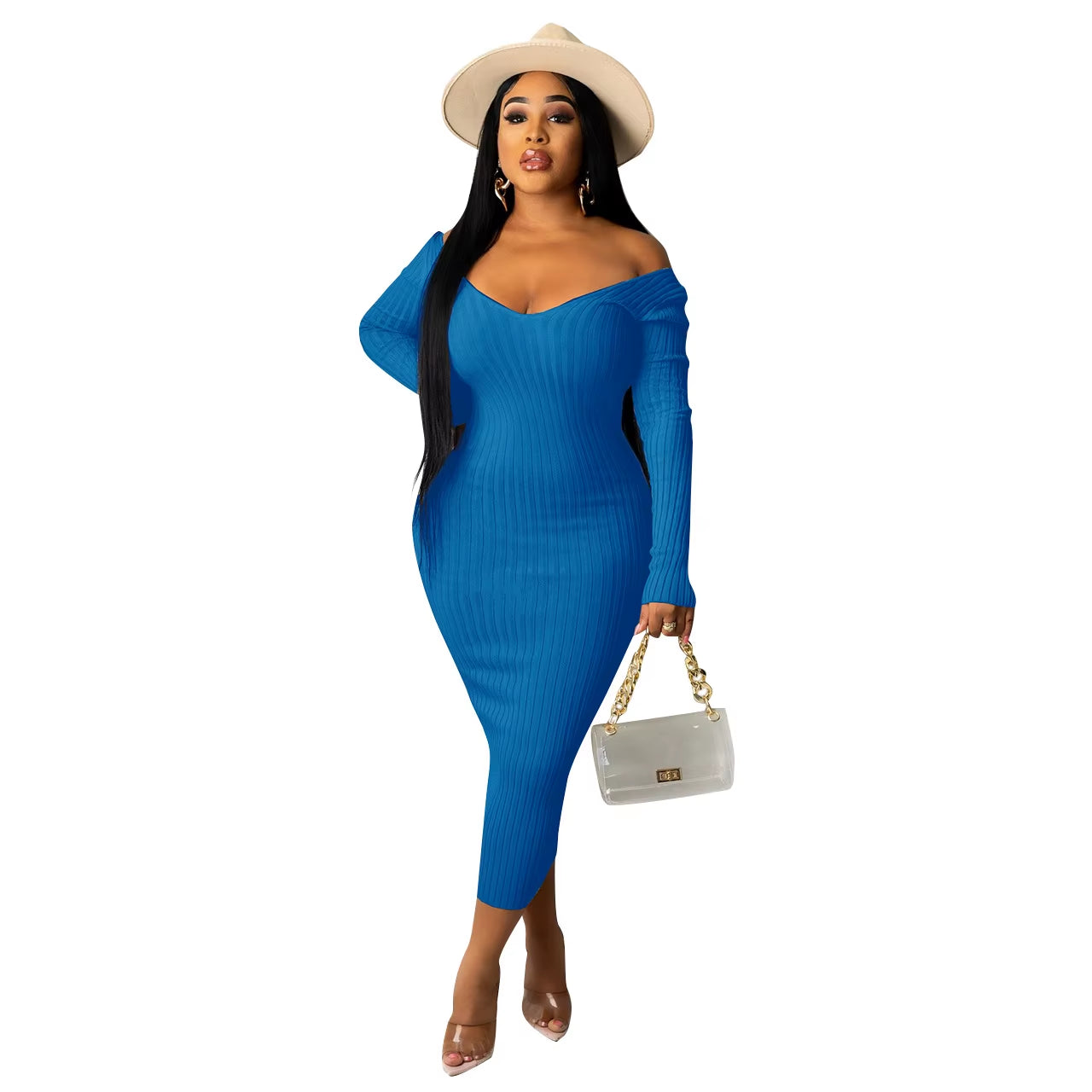 Women Autumn Solid Ribbed Maxi Knitted Dress V Neck Sexy Slim Elastic Basic Long Bodycon Dress Winter off Shoulder White Dresses