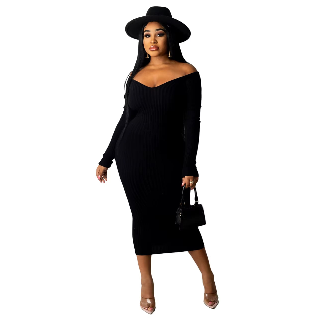 Women Autumn Solid Ribbed Maxi Knitted Dress V Neck Sexy Slim Elastic Basic Long Bodycon Dress Winter off Shoulder White Dresses